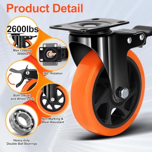 QNCZ 5 Inch Caster Wheel with Dual Brake, Heavy Duty, Silent, Set of 4