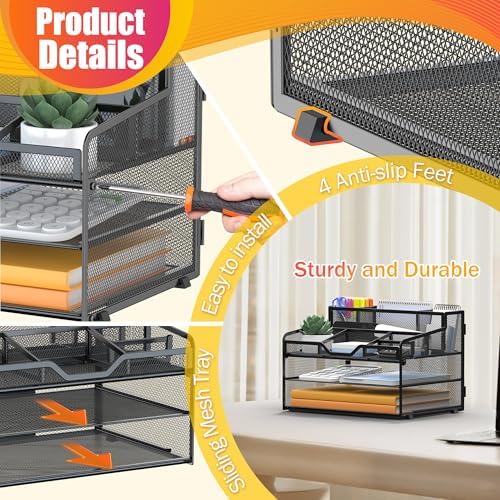 Docnest 3 Tier Mesh Desk Organizer with Letter Tray & Paper Sorter, Black