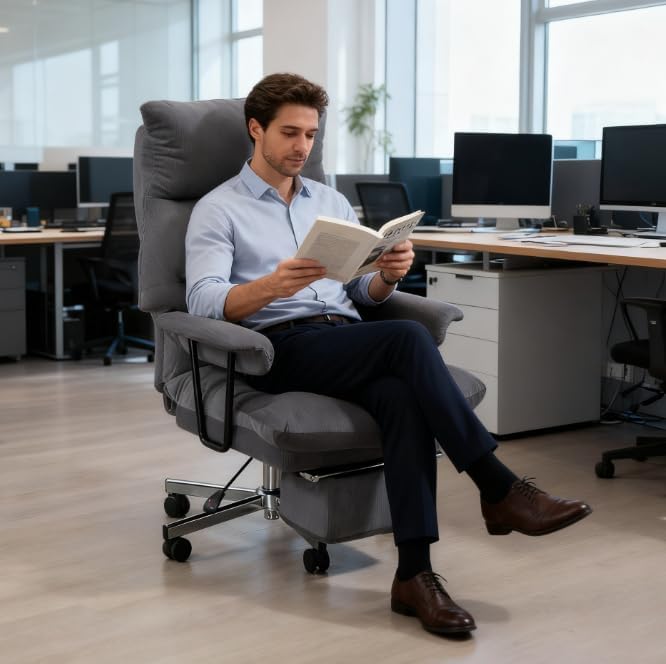 Reclining Home Office Desk Chair with Footrest, Corduroy, 300 lbs Load