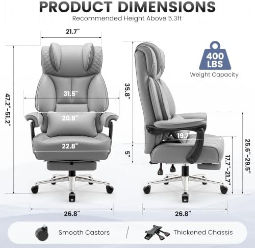 BestGlory Office Desk Chair, Big and Tall Leather Gaming Chair with Footrest, Ergonomic Comfy Executive High-Back Reclining Computer Chairs, Wide Swivel Rolling Wheels and Padded Lumbar Support, Gray