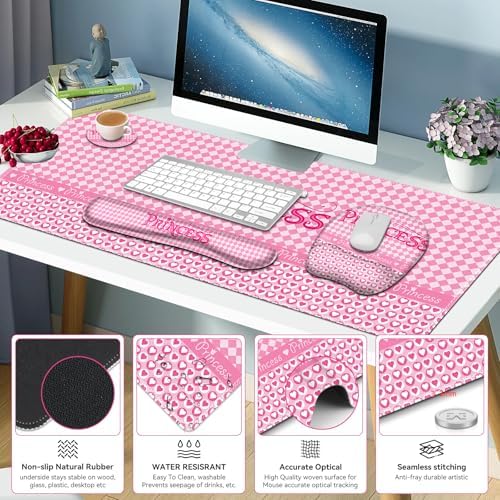 Mouse Pad with Wrist Support 4 in1 Set, XXL Big Game Mousepad + Keyboard Wrist Rest + Mouse Wrist Rest Pad +Coaster Gaming Mat for Home Office Work Computer Laptop I Pink Checkered Princess Girl