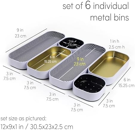 Three by Three Seattle Metal Drawer Organizer Tray Set, 6-Pc, 1" (Gold)