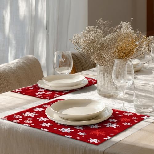 Shrahala Christmas White Snowflakes Set of 8 12 X 18 Inch Linen Placemats, Red Background Cute Burlap Table Mat Washable Double Layered Heat Insulation for Indoor/Outdoor
