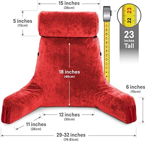 Husband Pillow Medium Reading Pillow with Arms - 23" Backrest for Sitting Up in Bed - Firm Support Bed Rest Pillow for Adults, Neck Roll, Removable Cover - TV, Reading, Lounging - Red