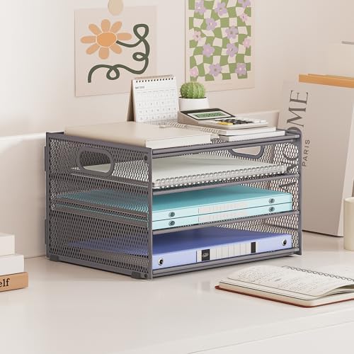 4 Tier Gray Paper Organizer for Desk,Trays for Classroom File Folder