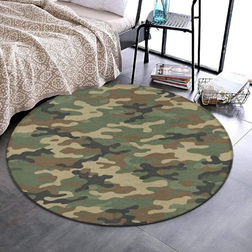 Room Sofa Yoga Soft Round Carpet, Home Decor Non Slip Kitchen Office Circle Rug, Machine Washable Modern Round Area Rug Green Camouflage Army Camo