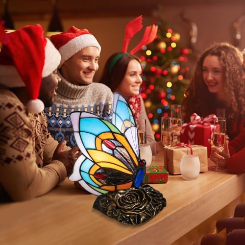 Tiffany Style Butterfly Lamp - Stained Glass Table or Desk Light LED Bulb Included - Colorful Vintage Look Butterfly Decor for Bedroom Living Room Office