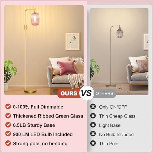 【Upgraded】 Dimmable Floor Lamp for Living Room with Pink Ribbed Glass Lampshade, Gold Modern Floor Lamp with 900LM LED Bulb Included, Arc Standing Tall Lamp for Bedroom, Office, Reading Room, Corner