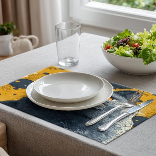 Batmerry Cute Cat Placemats, Gray Yellow Background Big Eyes Washable Linen Table Mats for Kitchen Table Double Insulation Decor Dining Set Indoor Outdoor 12X18 in Set of 8