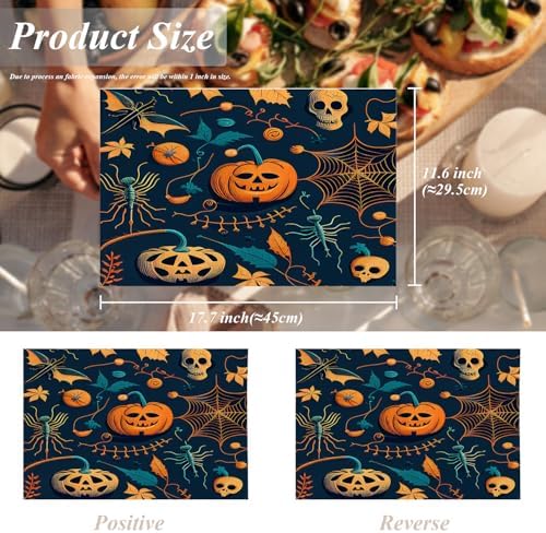 Shrahala Halloween Angry Face Pumpkins Set Of 4 12 X 18 Inch Linen Placemats , Skeletons Spiders Burlap Table Mat Washable Double Layered Heat Insulation For Indoor/Outdoor