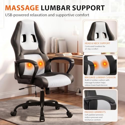 Gaming Chair Office Chair Desk Chair Massage Ergonomic PU Leather Racing Chair with Lumbar Support Headrest Armrest Task Rolling Swivel Computer Chair for Women Adults Girls(White)