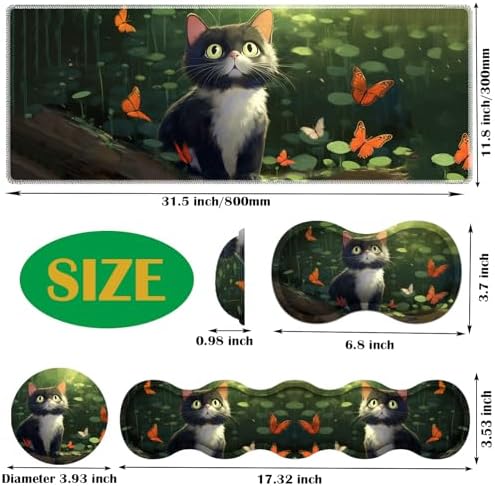 4 in 1 Mouse Pad Combo, Large Gaming Mouse Pad + Keyboard Wrist Support + Mouse Wrist Rest + Coaster, Table Pad with Stitched Edge Ergonomic Wrist Pad Set, Butterfly and Cat