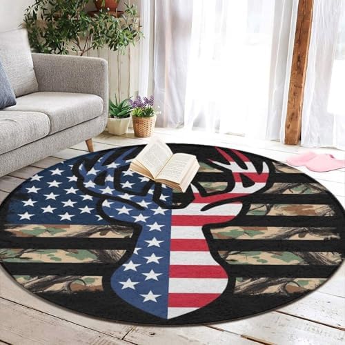 Women's Large Home Decor Mat, Soft Round Yoga Carpet, Non Slip Machine Washable Home Office Circle Rug Camo Deer Hunting Camouflage USA Flag