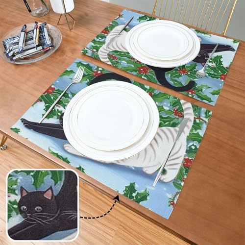 Placemats Set of 4 for Dining Table, Cat Stretching Cloth Placemats Heat Resistant Place Mats Linen Thick Washable Kitchen Table Mats, 12x18 in