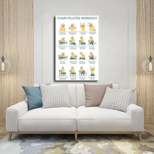 Chair Pilates Workout Seated Full Body Exercise Chart Sitting Core Flexibility Routine for Home Canvas Poster Wall Art for Living Room Bedroom Decor Frame 16x24inch
