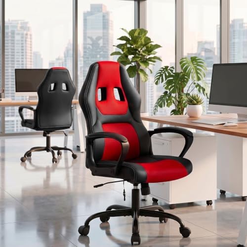 Gaming Chair Ergonomic Office Chair Racing Desk Chair Massage PU Leather Adjustable Chair with Lumbar Support Headrest Armrest Task Rolling Swivel Computer Chair for Adults(Red)