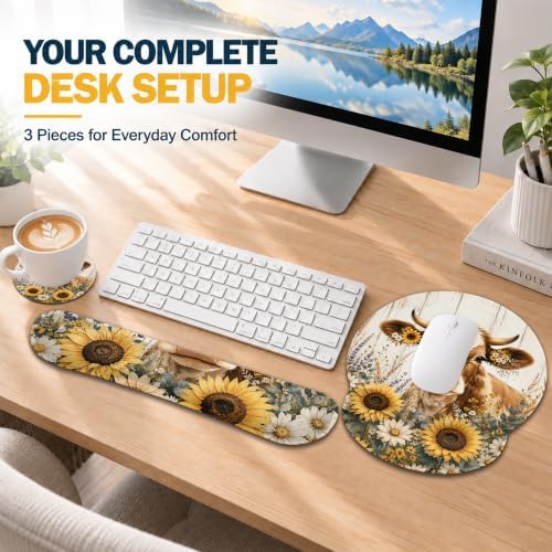 Fun Sunflower Cow Mouse Pad with Wrist Rest, Keyboard Support and Coaster