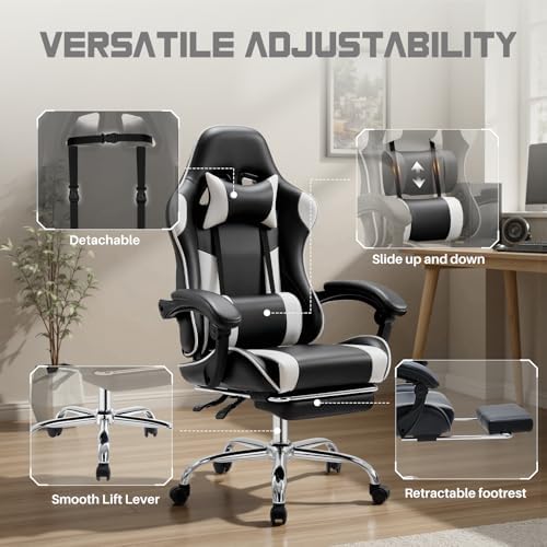 NEWBULIG Gaming Chair with Footrest – Ergonomic High-Back with Lumbar & Headrest Support, Comfy PU Leather Recliner with Linkage Armrests, Adjustable Height, 360° Swivel, White