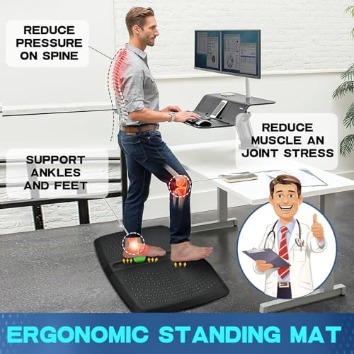 1 inch Thick Anti Fatigue Kitchen Mat Standing Mat with Massage Ball, Non Slip Standing Desk Mat with Massage Point, Multi-Purpose Comfort Floor Mat for Feet, Office, Home (Black, 17"x28"x1")