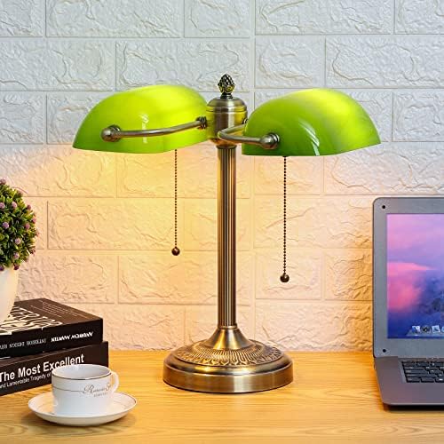 Green Double Head Glass Bankers Desk Lamp,Plug in