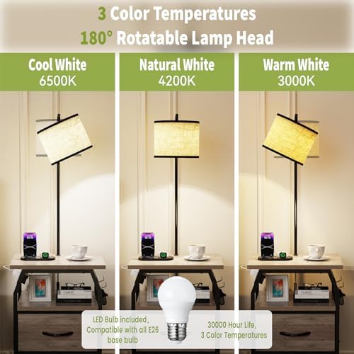 runjuly Floor Lamp with Table, End Table with Light and Charging, Greige