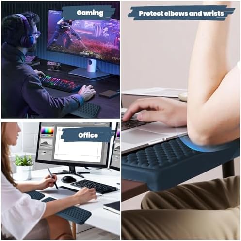 Arm Rest for Desk, L-Shaped Memory Foam Elbow Pads with Non-Slip Base, 2-Piece Ergonomic Desk Edge Cushion & Wrist Rest for Computer Keyboard, Office and Home Use (Blue)