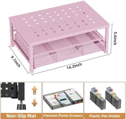 Monitor Stand Riser with Mesh Drawer and 2 Pen Holders, Pink Star Vent Top