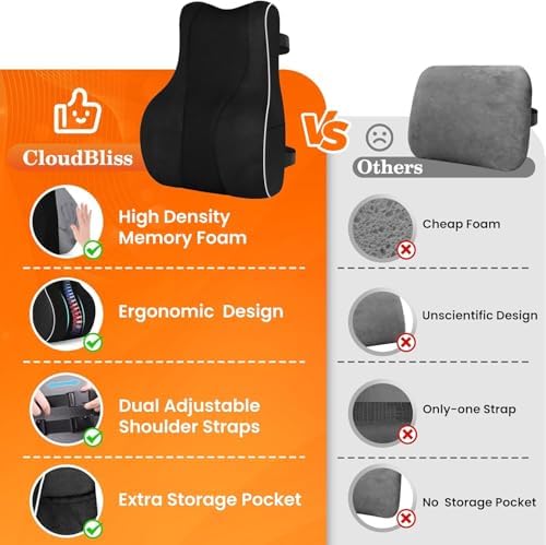 CloudBliss Lumbar Support Pillow, Memory Foam for Office, Standard, Black