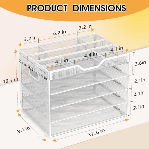 5 Tier Paper Letter Tray Desk Organizer with Pen Holders - White