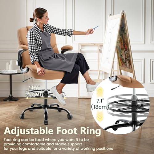 Drafting Chair 500Lbs, Tall Office Chair for Standing Desk, High PU Leather Executive Office Chair with Flip-up Armrests, Ergonomic High Chair with Adjustable Foot Ring, Comfy Stool Chairs, Brown