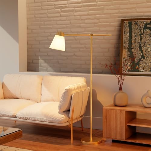 Globe Electric 69" Floor Lamp, Swing Arm, Matte Brass Plated, White Tapered Fabric Shade, On/Off Rotary Switch on Socket, 5-Foot Clear Cord, 1-Light, 40W E26/Medium Base Bulb