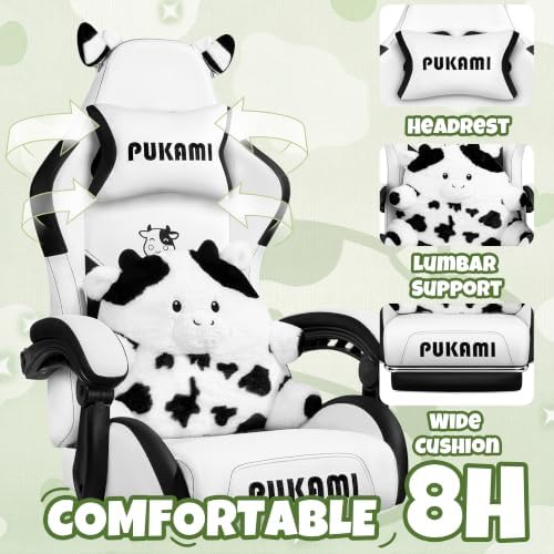 Cute Gaming Chair with Cow Paw Lumbar Cushion, Ergonomic Gaming Computer Desk Chair with Footrest and Linked Armrests, Comfortable Cute Cow PU Leather Game Chair for Teen and Adults