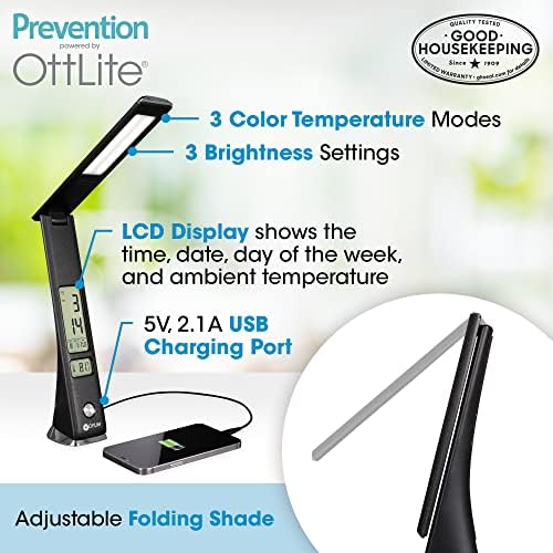 OttLite Prevention LED Lamp with Digital Display and USB Charging, Black