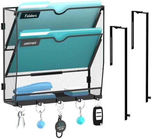 3 Tier Wall File Organizer, Metal Holder with Bottom Hooks