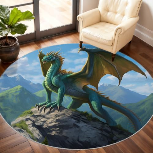 Dragon Round Rug - 6ft Washable Western Dragon Round Area Rug for Living Room, Boy's Room Playroom Circle Rugs Soft Non-Slip Carpet for Bedroom Dining Table Decor Mat