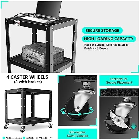 DNA Motoring 3-Layer Utility Steel AV Cart with Wheels Power Strip, 25" x 18" x 24"-42" Height Adjustable Rolling Projector Cart,TOOLS-00136