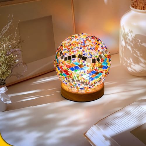 Turkish Mosaic Lamp, 3 Color Temperature Tiffany Bedside Lamp with USB Power, Moroccan Glass Lantern Table Lamp for Living Room Decor, Simple Control (D:4.7" x H:5.2") (Color1)