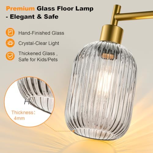 【Upgraded】 Dimmable Floor Lamp for Living Room with Gray Ribbed Glass Lampshade, Gold Modern Floor Lamp with 900LM LED Bulb Included, Arc Standing Tall Lamp for Bedroom, Office, Reading Room, Corner