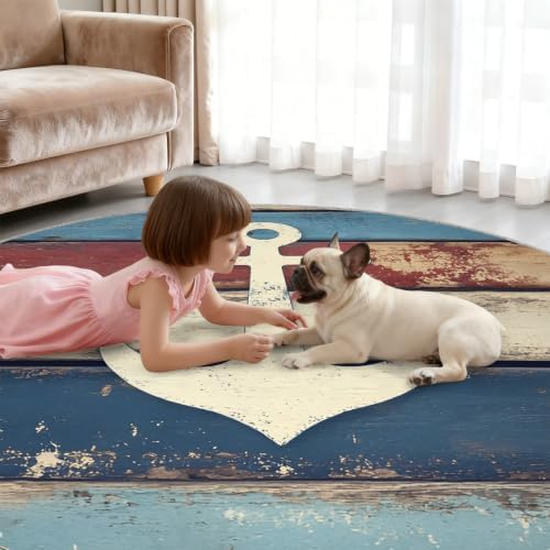 Nautical Round Area Rug - 5ft Navigational Anchor Round Rug for Living Room, Ocean Theme Circle Rugs Washable Soft Non-Slip Carpet for Bathroom Bedside Sofa Coffee Table Decor Mat