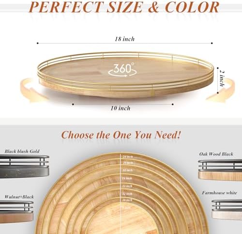 AMH 18-Inch Rustic Lazy Susan with Solid Oak Base and Gold Iron Rail