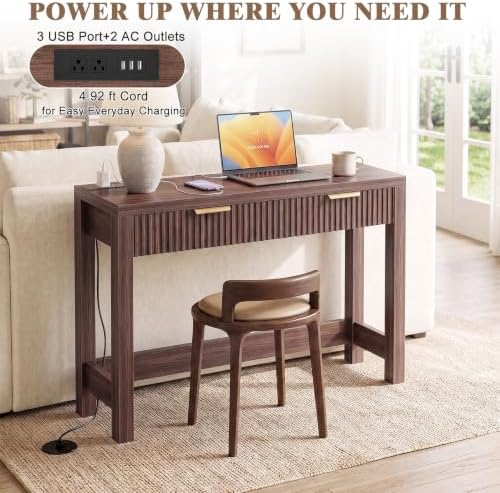 Cyclysio 32" Small Console Table with Charging Station & 2 Fluted Drawers