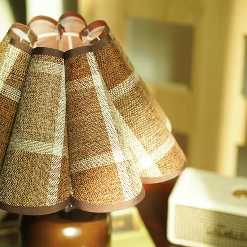 Small Plaid Pattern Table Lamp for Bedroom, Bedside Lamps for Nightstand, Desk Lamp Solid Wood Base Walnut Fabric Shade for Living Room, Kids Room, Bulb Not Included (Mid-Century Modern) (Walnut)