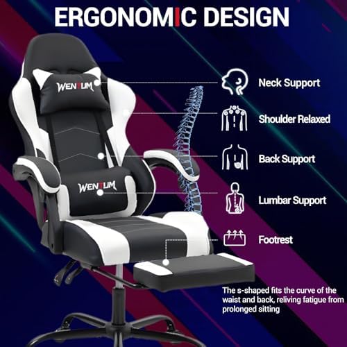 Gaming Chair with Footrest for Adults - PU Leather Video Game Chair w/Massage Lumbar Support for Men Women, Ernogomic Computer Gamer Chair for Home Office, Height Adjustable, White