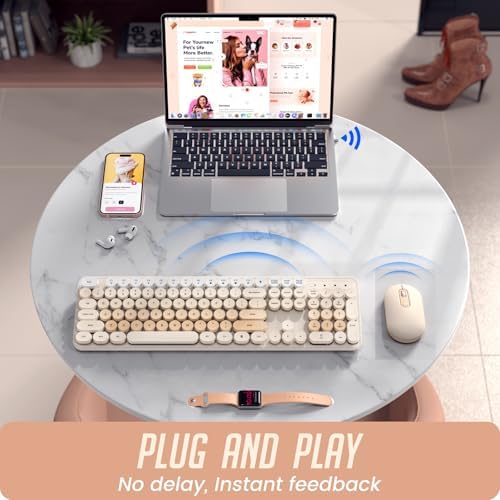 Wireless Keyboard and Mouse, Full-Sized Typewriter Keyboard Silent, Creamy