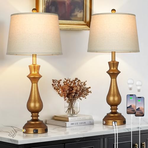 Retro Gold Table Lamps Set of 2 for Living Room,30" Tall Bedside Lamp with USB Charging Port,3-Way Dimmable Touch Nightstand Lamp for Bedroom Desk Side Table Office,Copper Gold