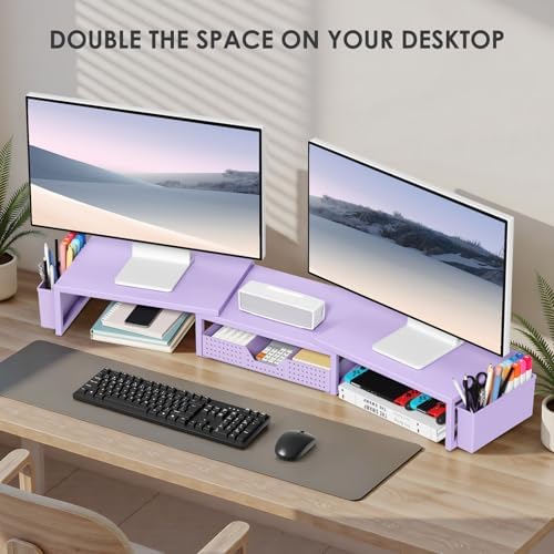 OPNICE Desk Organizers and Accessories, Dual Monitor Stand Riser with Drawer and 2 Pen Holders, Desk Shelf Printer Stand for Office Workspace Organizers, Desktop Organization (Purple)