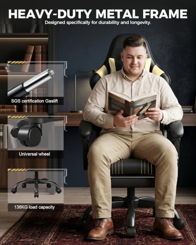 LUCKRACER Gaming Chair with Footrest, Pocket Spring Seat, 90°-135° Reclining Computer Chair with Linkage Armrests, Lumbar Support, Height Adjustment, SGS-Tested Gas Lift, 330 lbs Capacity, Yellow