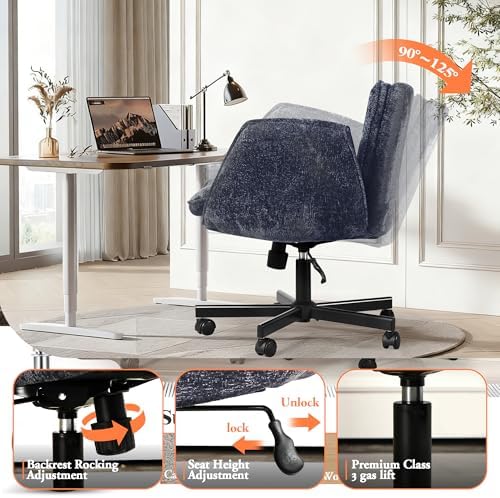 Criss Cross Chair with Wheels & Arms, Chenille Cross Legged Office Chair with 5-level Folding Armrest, Comfortable Adjustable Swivel Vanity Chair for Home, Make Up, Bed Room, Office, Accent (Blue)