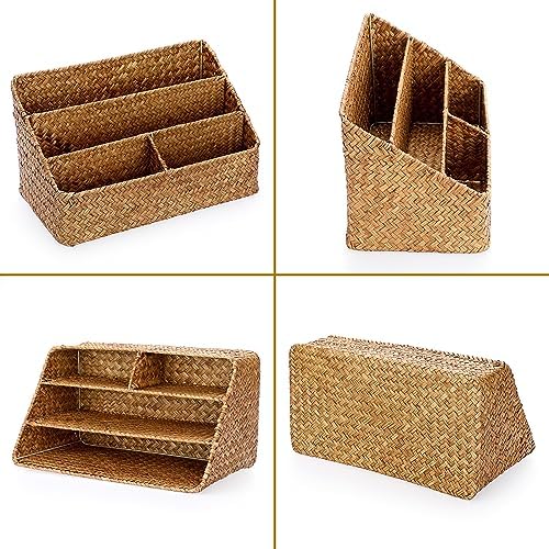 BTSKY Woven Storage Basket, Seagrass Desk Organizer with 4 Compartments