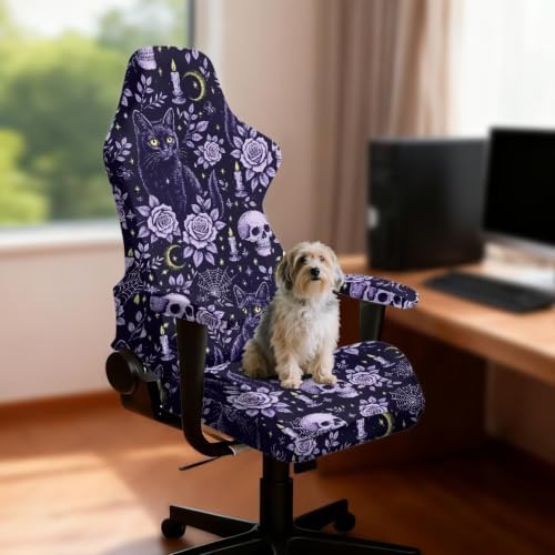 Halloween Gothic Black Cat Gaming Chair Cover Stretchable Game Chair Slipcovers with 2 Armrest Covers, Scratch-Proof Gamer Desk Chair Covers for Computer Office Seat